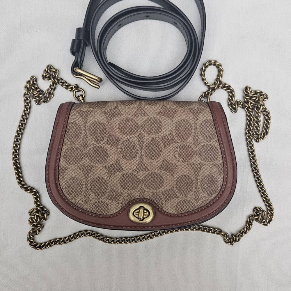Coach Signature Brown Crossbody Bag with Gold Chain